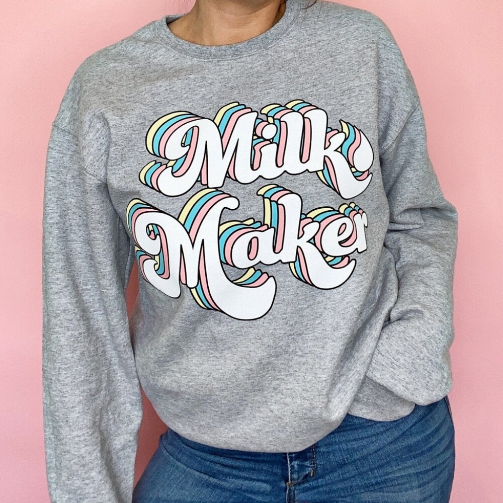 Milk Maker Rainbow Sweatshirt, Gray Crew neck, Size XL, The Little Milk Bar